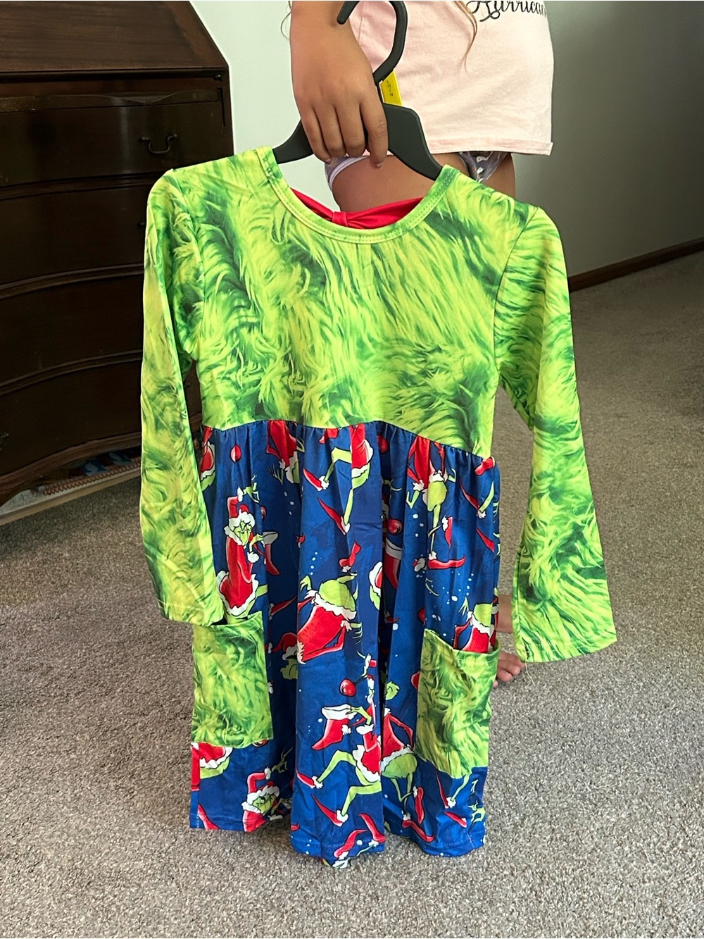Green Grinch-Inspired Long Sleeve Dress with Blue Holiday Skirt NWOT